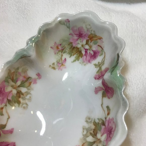 MZ Austria * Pink Flowers White Porcelain Bown Green Accents EUC Vintage Dessert - Picture 6 of 9